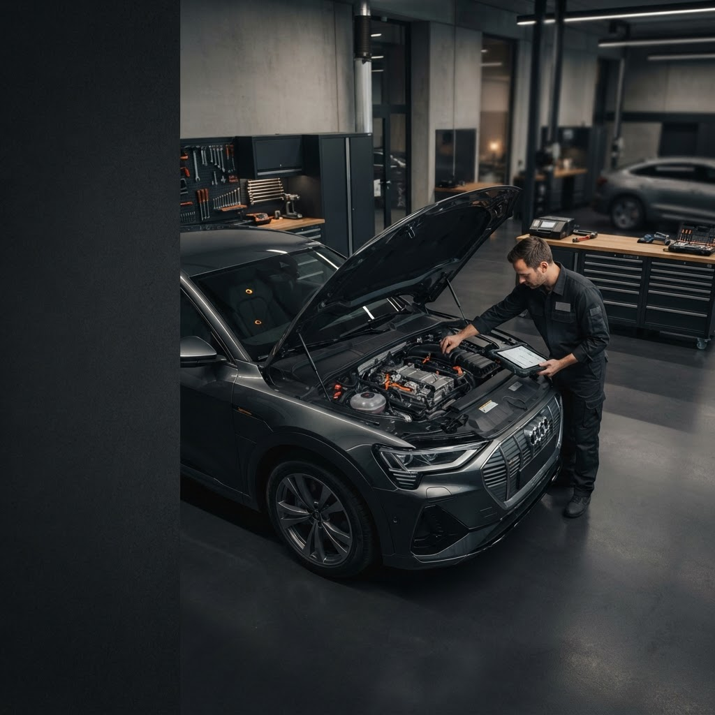 Mechanieker inspecteert een wagen in de werkplaats van Hertleer Automotive